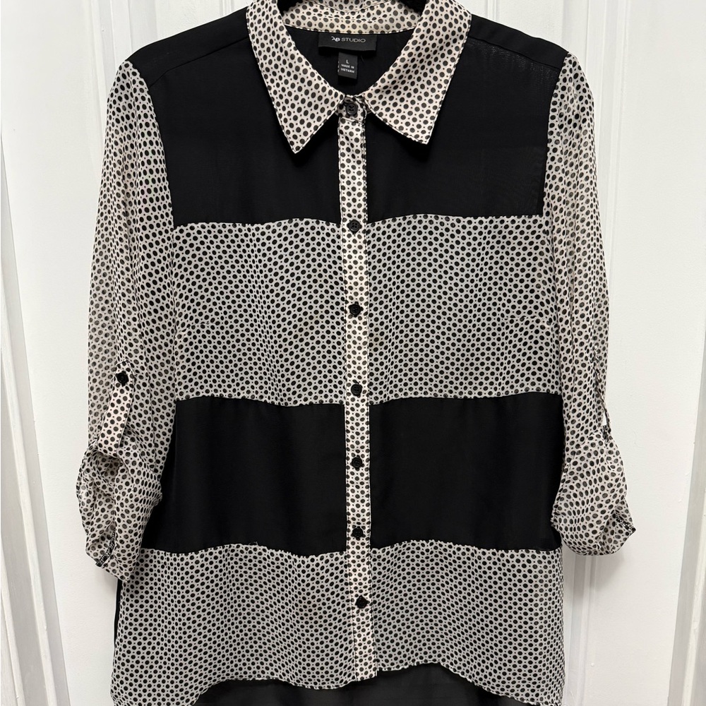AB Studio Women's Size L Blouse Black White Button 3/4 Sleeve Mesh Panels (24-32